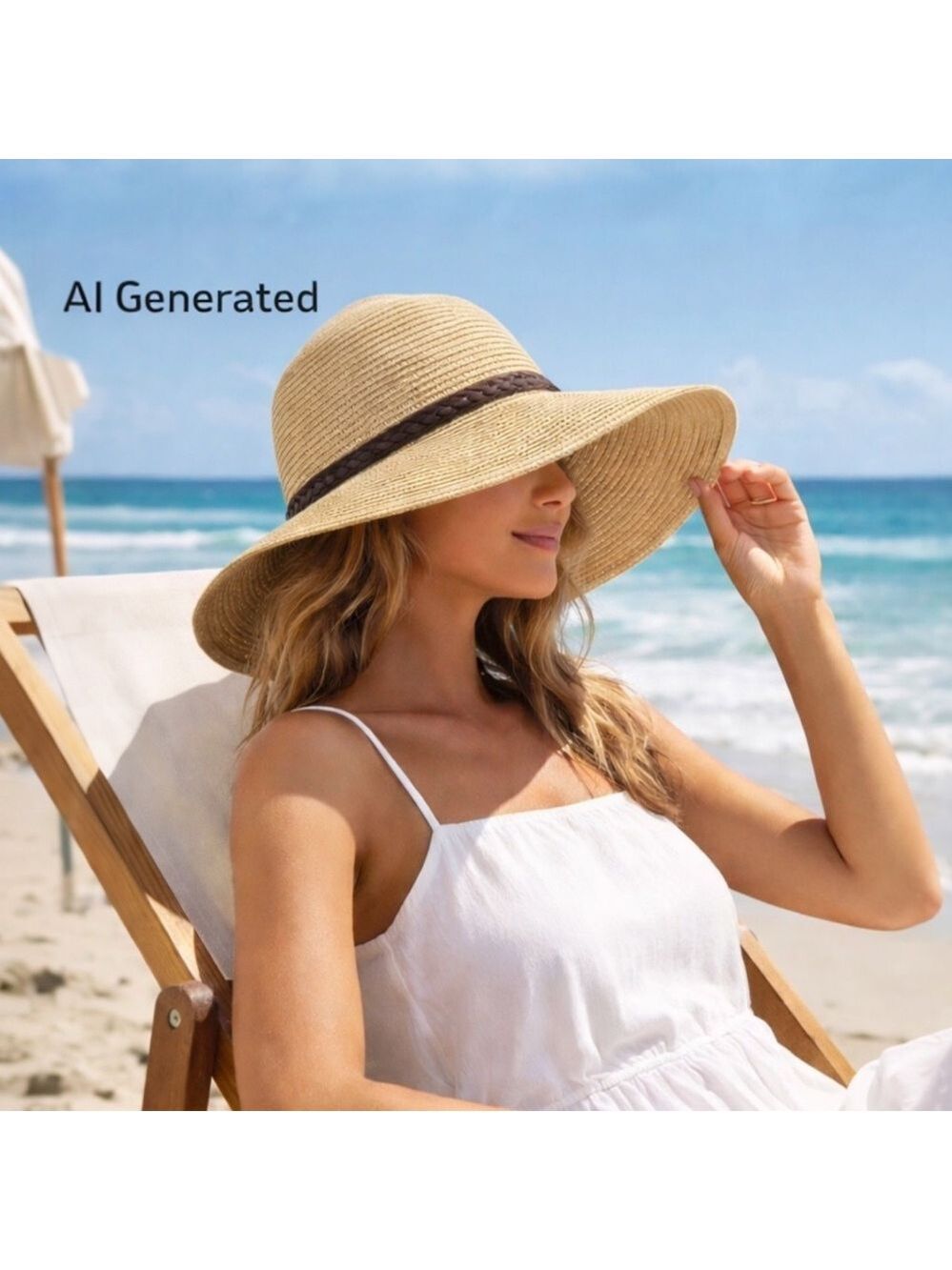 Floppy Wide Brim Straw Sun Hat Tan Packable Beach Resort Brown Trim